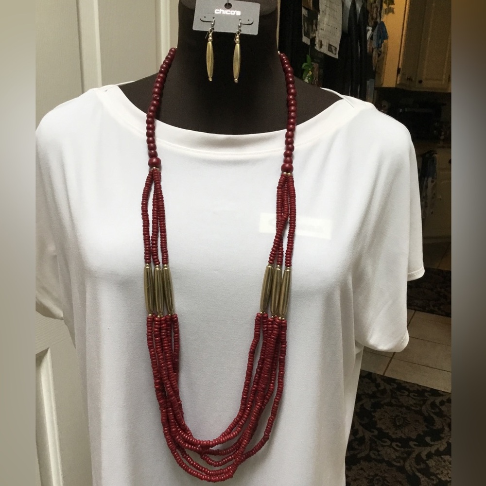 Chico’s Tina Long Red Multi Strand Necklace and Earrings Set.